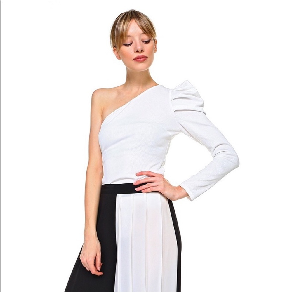 One Shoulder Puff Sleeve Ribbed Bodysuit